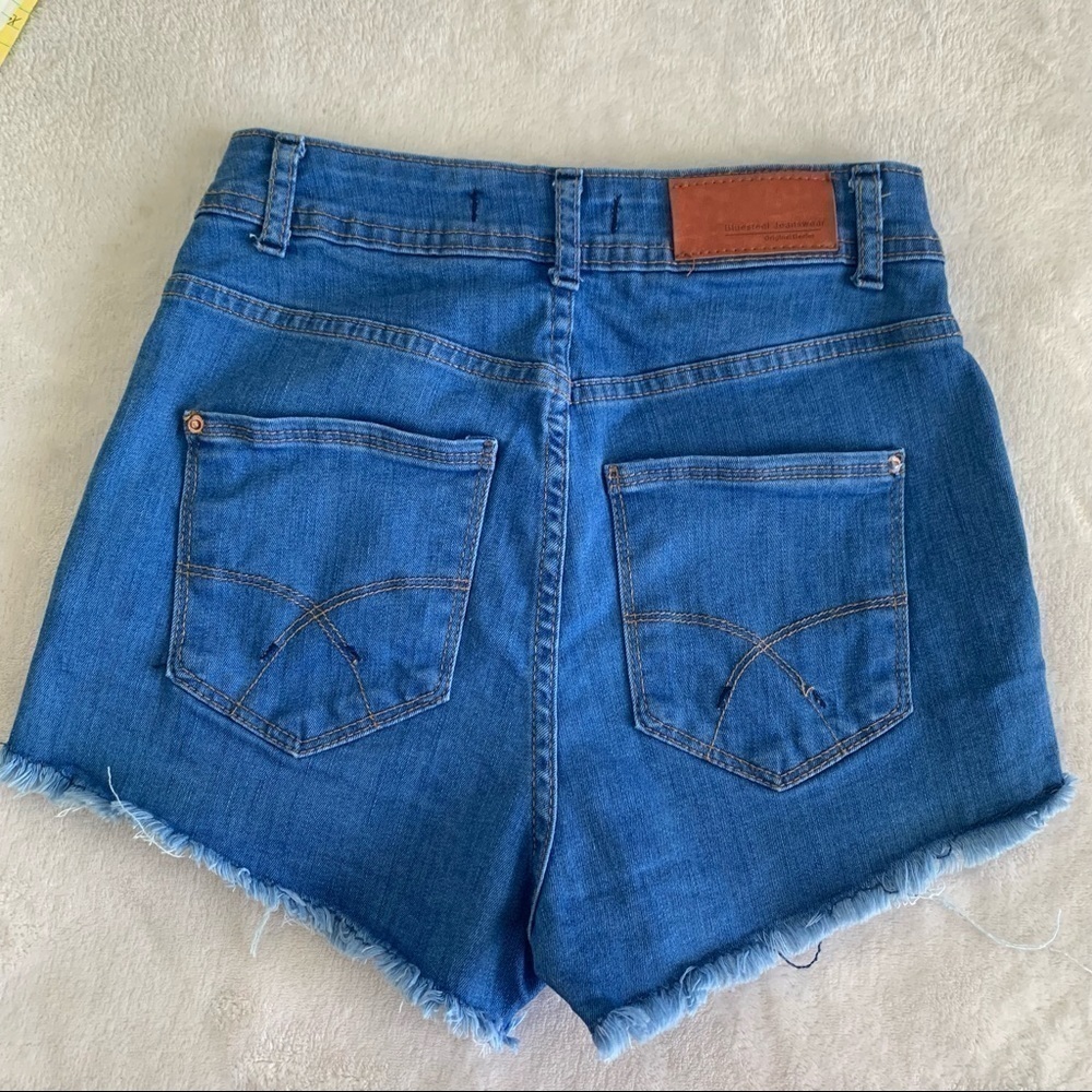 𝅺Bluesteel denim HIGH WAIST denim Jean shorts size 24 BLUE raw hem STRETCHY NEW